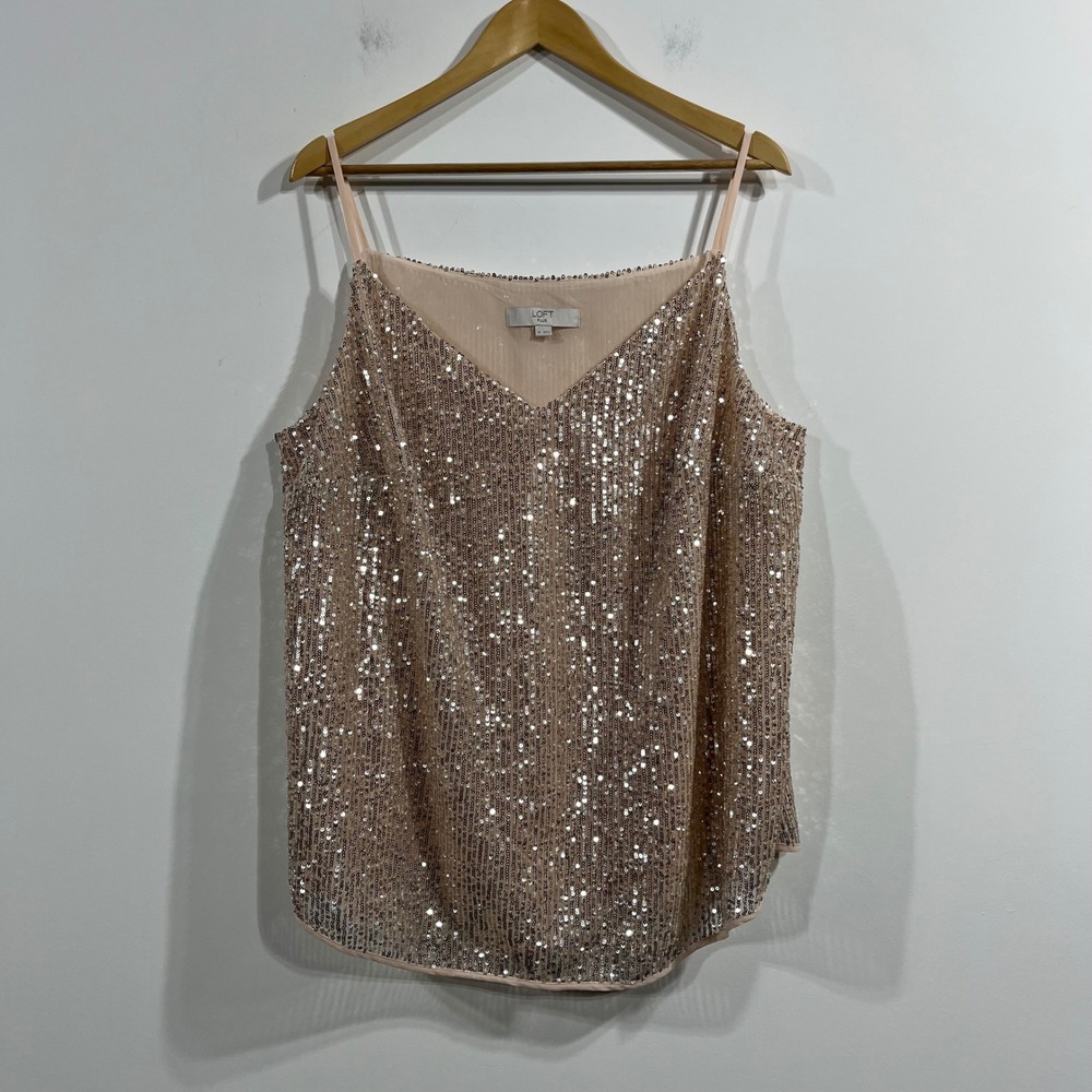 Loft Plus Gold Sequin V-Neck Cami Top Womens 18 Shimmer Event Disco Glam Party
